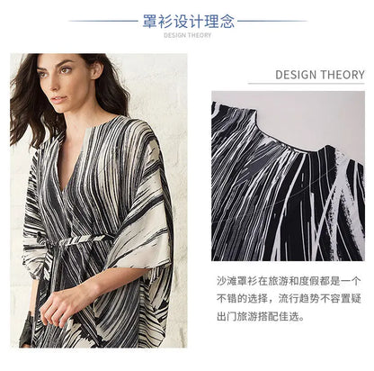 Women's Dress Fashion Beach Vacation Striped Printed Robe 2023 Summer New Casual Vintage Loose Waist V-Neck Long Dresses Female