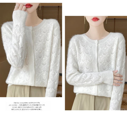 2024 Autumn And Winter New Round Neck Hollowed Out 100 Wool Knitted Cardigan Women's Versatile Coat Loose Casual Sweater DMR281