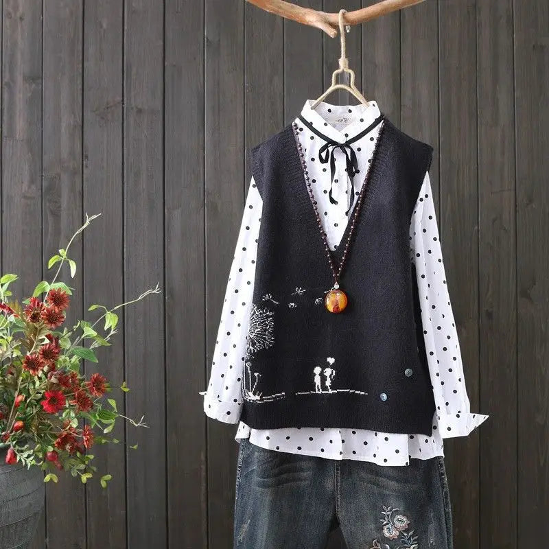 2023 Spring and Autumn New Korean V-neck Knitted Tank Top for Women's Casual Loose Sleeveless Age Reducing Top