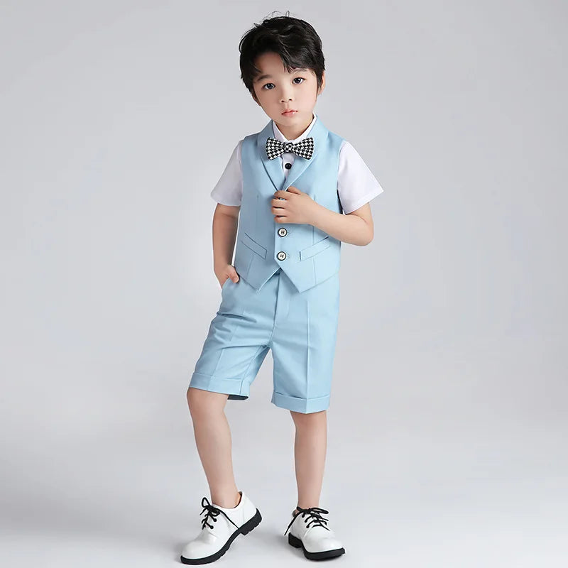 Boys Summer Vest Shirt Shorts Formal Dress Kids Candy Color Waistcoat Wedding Clothes Sets Child Uniforms Toddler Tuxedo Costume