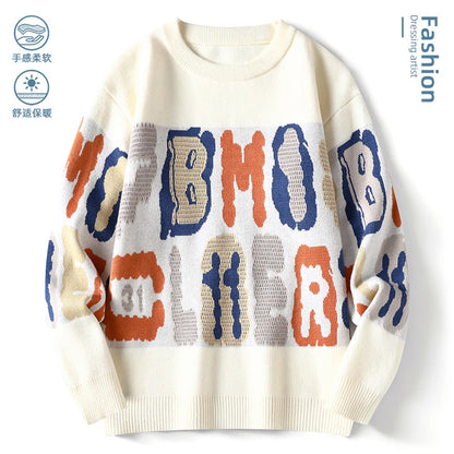 New Graffiti Printed Winter Letter Warm Men's Knitted Sweater Fashion Hoodies Loose Warm Street Autumn Woolen Pullover