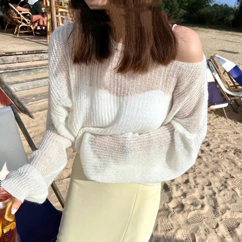 Summer simple hollow out lightweight and slightly transparent long sleeved knitted sweater Spring new women's pullover