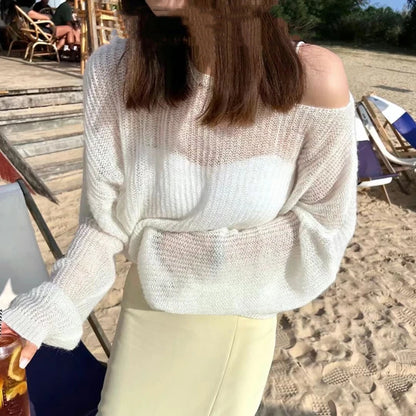 Summer simple hollow out lightweight and slightly transparent long sleeved knitted sweater Spring new women's pullover