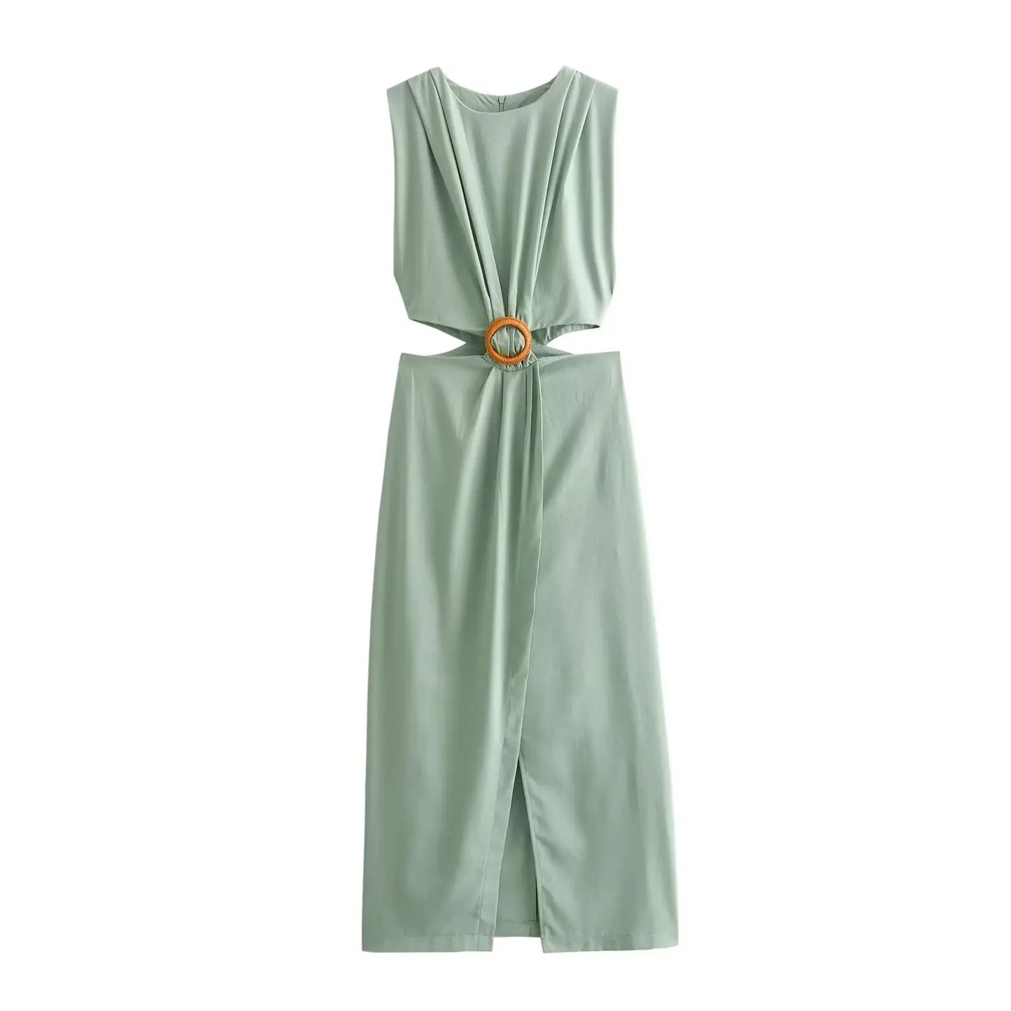 Summer Dress For Women 2024 Solid Waist Hollow Out O-Neck Sleeveless Slit Long Dresses Wild Casual Beach Woman Even Dress