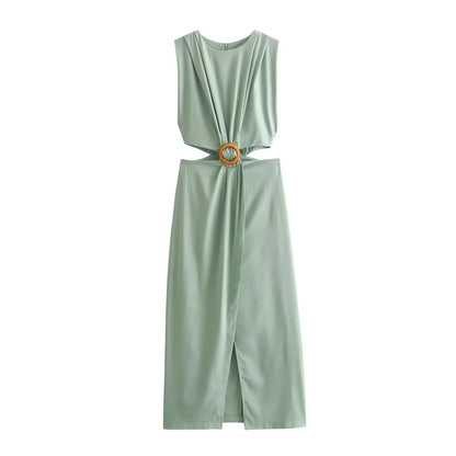 Summer Dress For Women 2024 Solid Waist Hollow Out O-Neck Sleeveless Slit Long Dresses Wild Casual Beach Woman Even Dress