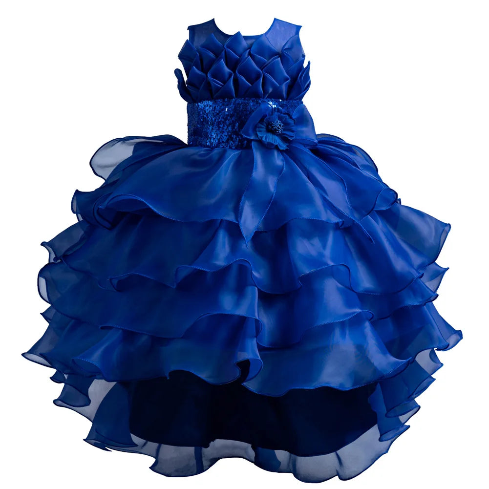 Girls Party Dress with Train, Puffy Cake Dress for Birthday & Flower Girl, Elegant Princess Gown for Host & Special Events