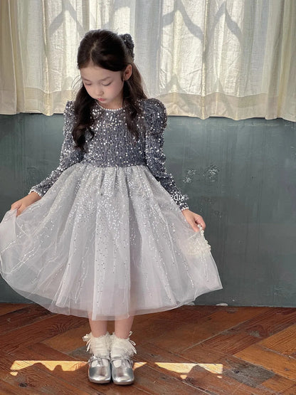 Winter Baby Girls Sequin Work Fleece Lined 4-Layer Mesh Zip Back Dresses with Head Veil Kids Outfit Children Sweet Skirt 2-8 Yr