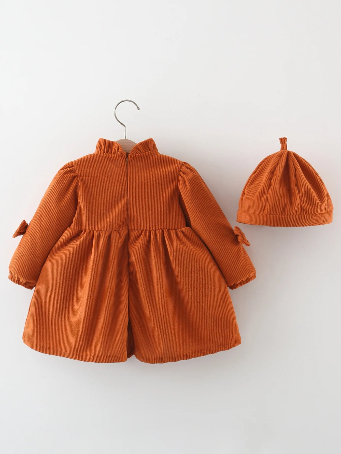 Winter New Girls' Dress Lace Pleated Bow Solid Color Two-Piece Long-Sleeved Dress + Cap Puffed Sleeve Lace Neckline