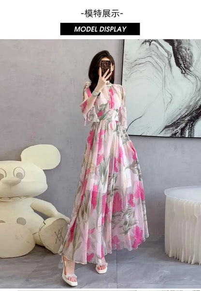 Summer Holiday Floral Dress Women Beach Flower Print Flare Sleeve Back Bow Lace Up High Waist Draped Chiffon Party Long Vestidos