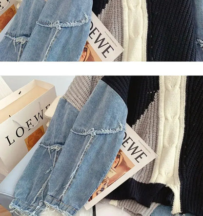 Loose Lazy Knitting Jacket, Pullover, Denim Sleeves, Splicing, Fashionable, Comfortable, Leisure, Autumn and Winter