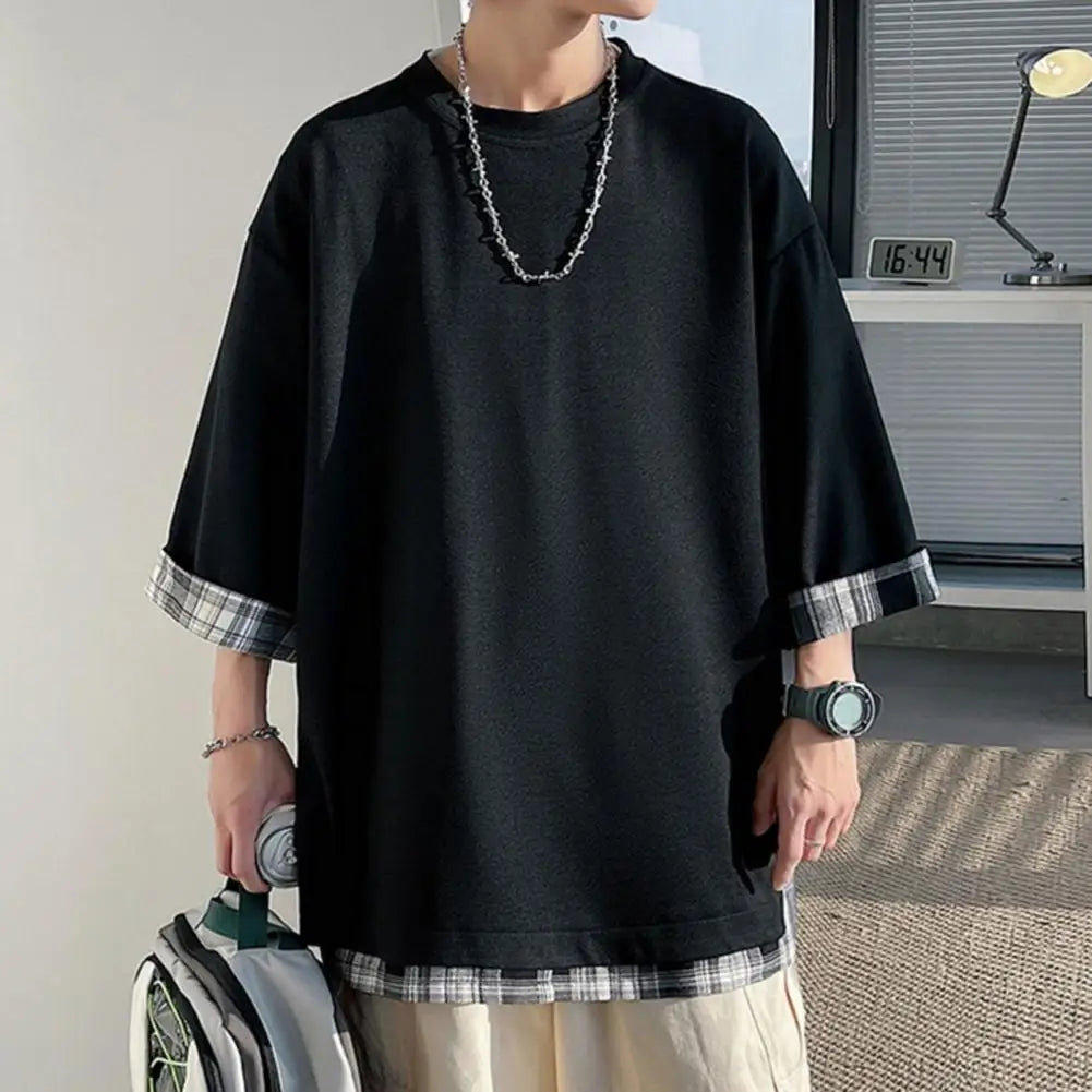 Summer Men's T-shirts  Korean Style Loose Fake Two-piece Mid Length Plus Size Three Quarter Sleeves Streetwear Outdoor Top