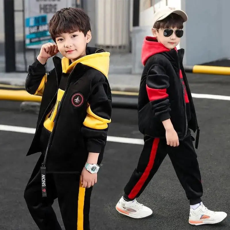 2025 winter Boys tracksuit Autumn Toddler Teenager Clothes vest velvet jacket + Sweatishrt hooded + Pant Children Kids 4 12 year