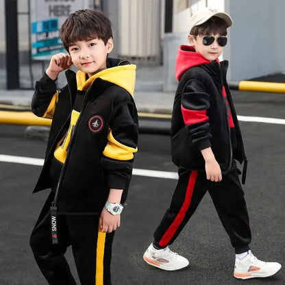2025 winter Boys tracksuit Autumn Toddler Teenager Clothes vest velvet jacket + Sweatishrt hooded + Pant Children Kids 4 12 year