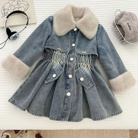Winter Kids Girls Denim Dress Korean Turn Down Collar Baby Girl Woolen Dress Jacket Strench Waist Children Single Breasted Dress