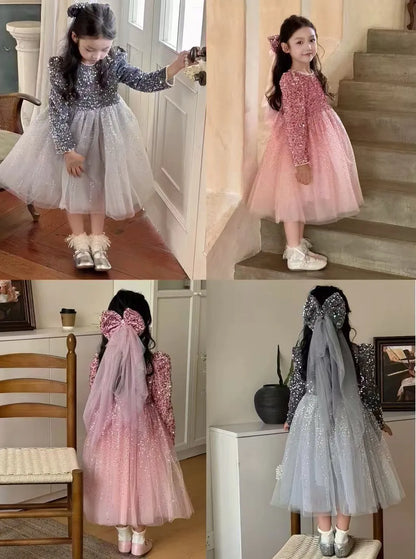 Winter Baby Girls Sequin Work Fleece Lined 4-Layer Mesh Zip Back Dresses with Head Veil Kids Outfit Children Sweet Skirt 2-8 Yr