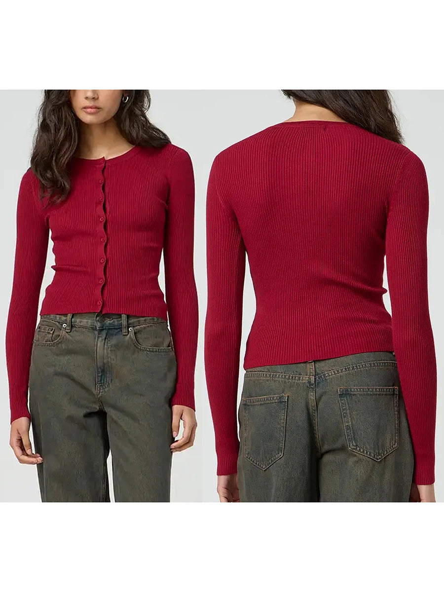 Women's Ribbed Cardigan Tops Spring Fall Solid Color Long Sleeve Round Neck Button Up Cropped Sweaters Female Casual Pullovers