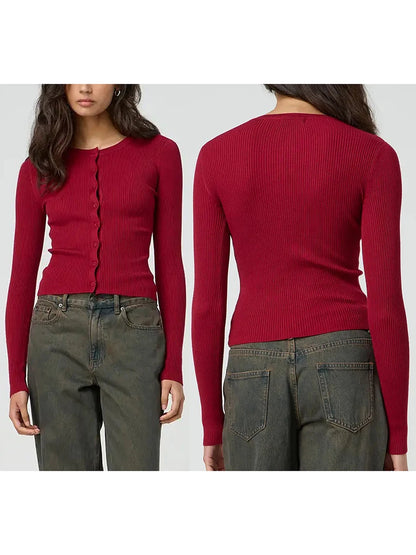 Women's Ribbed Cardigan Tops Spring Fall Solid Color Long Sleeve Round Neck Button Up Cropped Sweaters Female Casual Pullovers