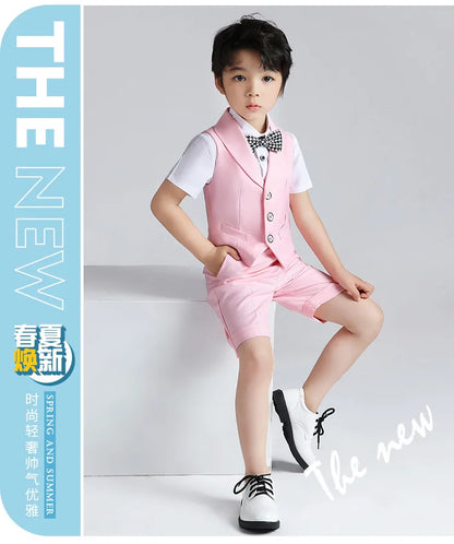 Boys Summer Vest Shirt Shorts Formal Dress Kids Candy Color Waistcoat Wedding Clothes Sets Child Uniforms Toddler Tuxedo Costume