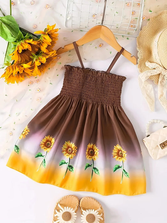 Summer style dress for girls aged 1-8, with suspender straps, pleated sunflower print, rustic style, for baby girls