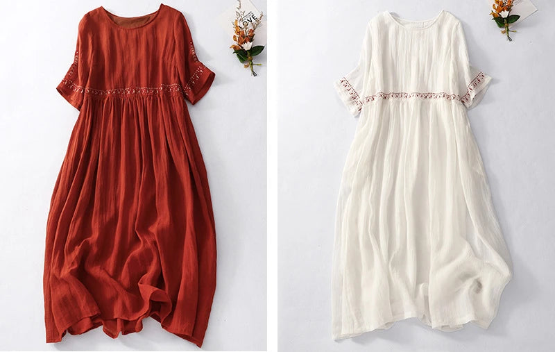Summer New Dresses for Women LOOSE Embroidery Vintage Dress Streetwear Long Dresses Women Clothing Robe O-Neck White Dress