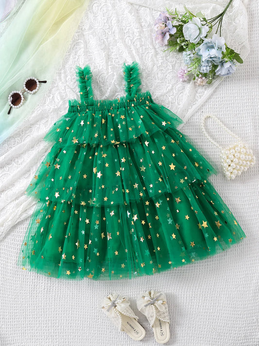 Girls' summer fashion and simplicity: five-pointed star printed cake dress, princess mesh puffy dress, cute halter dress