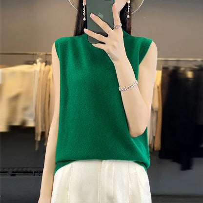 2024 Cashmere Vest Women's 100% Merino Wool Pullover Indoor Sleeveless Sweater Half-turtleneck Office Tops Waistcoat