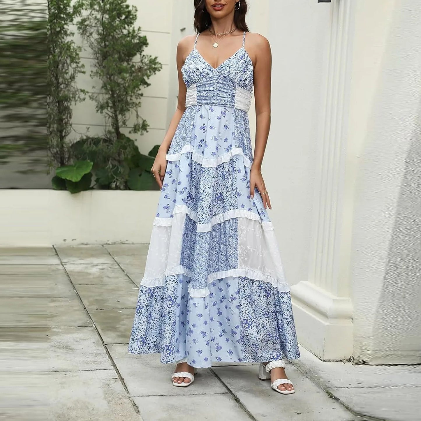 Women'S Spring/Summer Casual V-Neck Floral Printed Beach Midi Dresses Vestido Mujer Summer Dress Robe Femmes Dress Women