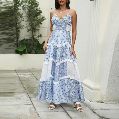 Women'S Spring/Summer Casual V-Neck Floral Printed Beach Midi Dresses Vestido Mujer Summer Dress Robe Femmes Dress Women