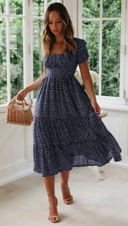 Summer Women's Beach Sweet Dresses Vestidos Vintage Print Puff Sleeve Casual Square Collar Floral Female Maxi Long Dress