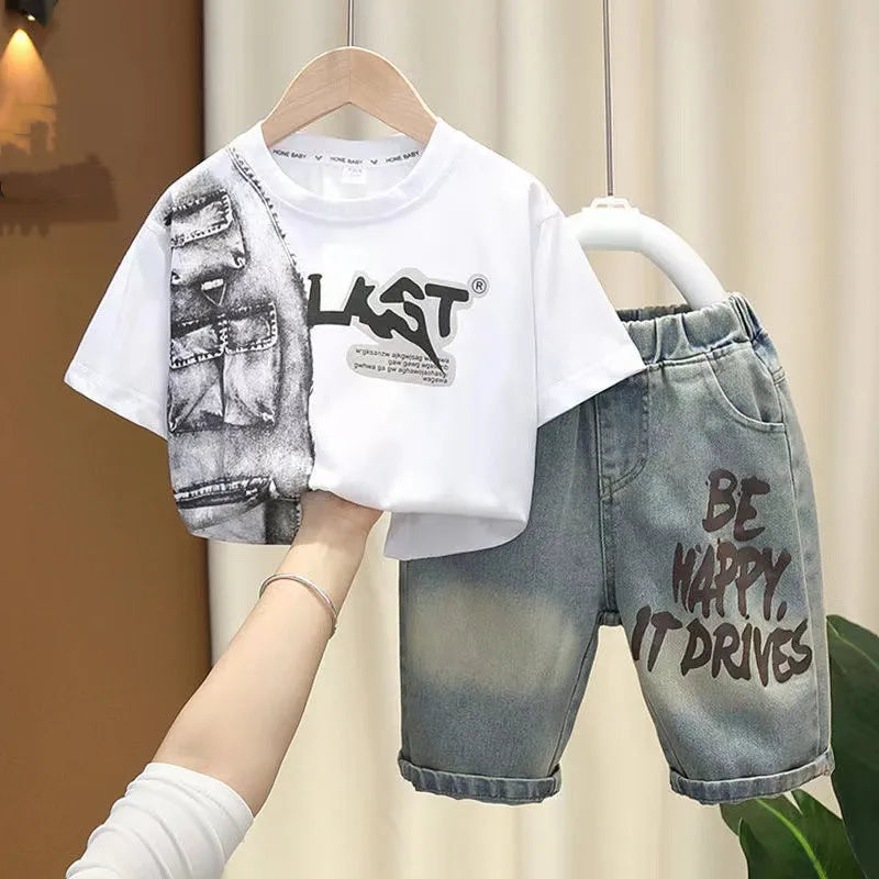 Boys Summer Clothing Set 2024 New Handsome Children's Short Sleeved Clothes Trendy Baby T-shirt Jeans Thin Two-piece Set