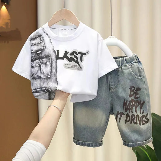 Boys Summer Clothing Set 2024 New Handsome Children's Short Sleeved Clothes Trendy Baby T-shirt Jeans Thin Two-piece Set