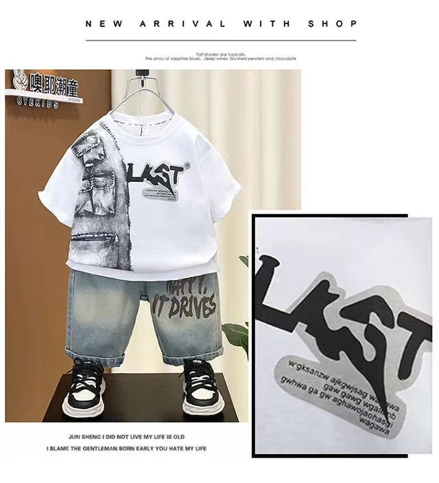 Boys Summer Clothing Set 2024 New Handsome Children's Short Sleeved Clothes Trendy Baby T-shirt Jeans Thin Two-piece Set