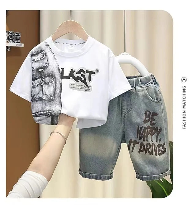 Boys Summer Clothing Set 2024 New Handsome Children's Short Sleeved Clothes Trendy Baby T-shirt Jeans Thin Two-piece Set