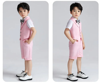 Boys Summer Vest Shirt Shorts Formal Dress Kids Candy Color Waistcoat Wedding Clothes Sets Child Uniforms Toddler Tuxedo Costume