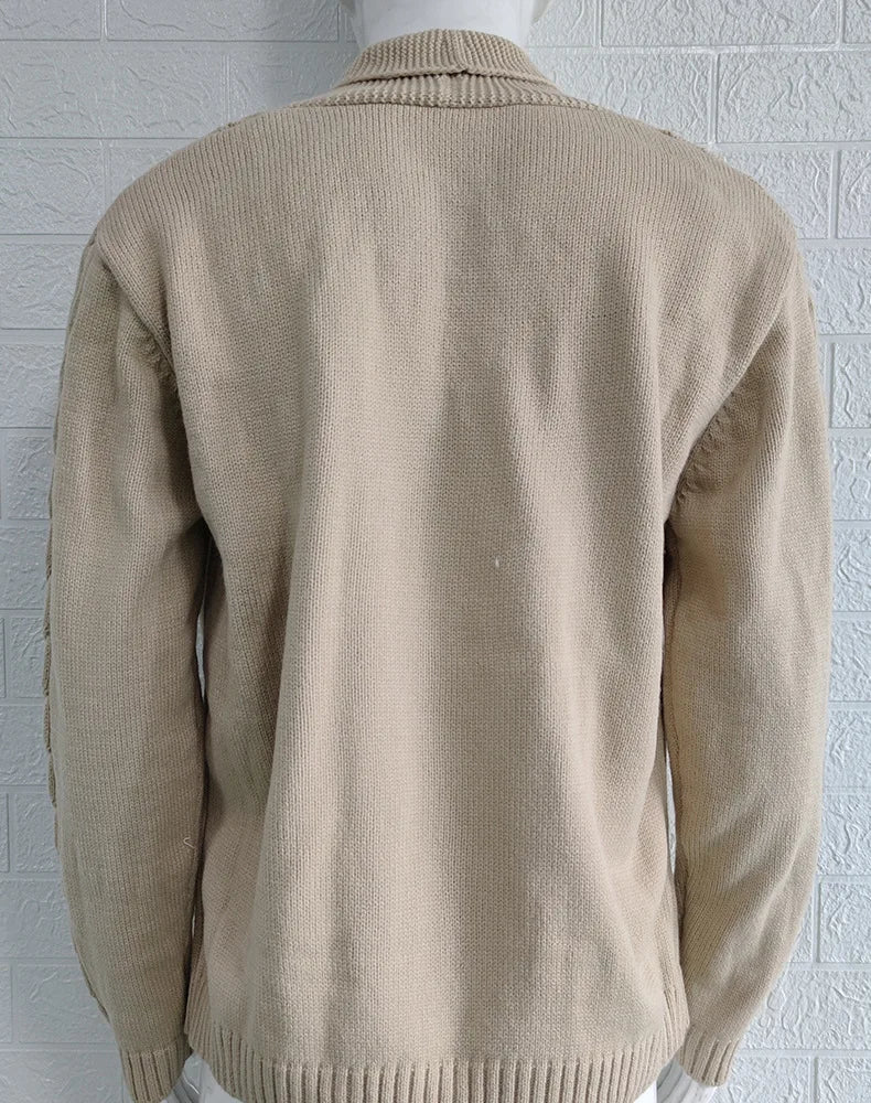 Autumn Winter Men's Warm Knitted Sweater Solid Single-breasted Twisted Texture Cardigan Lapel Slim Buttoned Thick Sweater Male