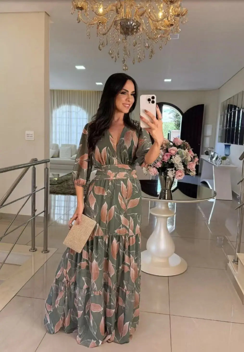 Summer Women Dresses Floral Print Ruffles Boho V-neck Short Sleeve Casual Loose Beach Dress Elegant Holiday Maxi Long Dress Robe