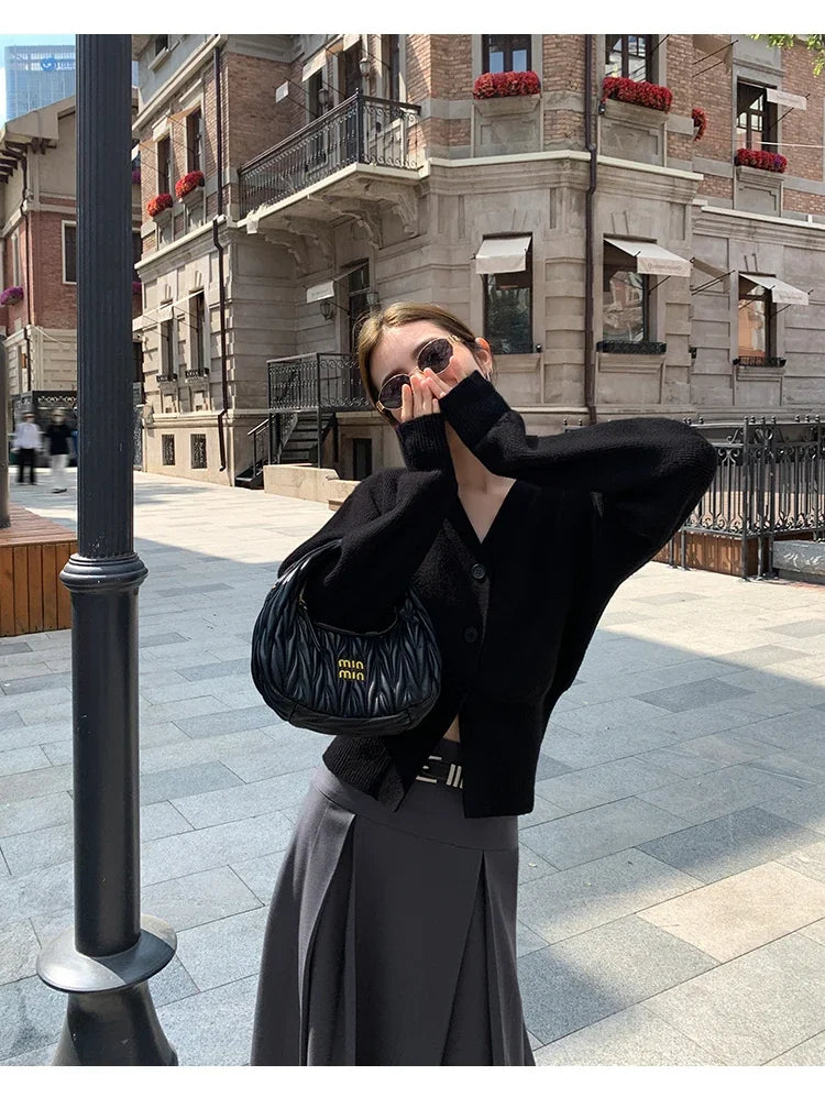 Zjaiss 2025 Autumn Winter Elegance Solid Color V-neck Sweater Knitted Casual Cardigan Unique And Niche Slim Fit Tops