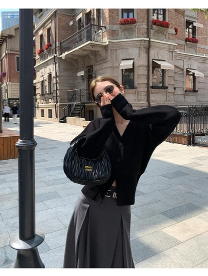 Zjaiss 2025 Autumn Winter Elegance Solid Color V-neck Sweater Knitted Casual Cardigan Unique And Niche Slim Fit Tops