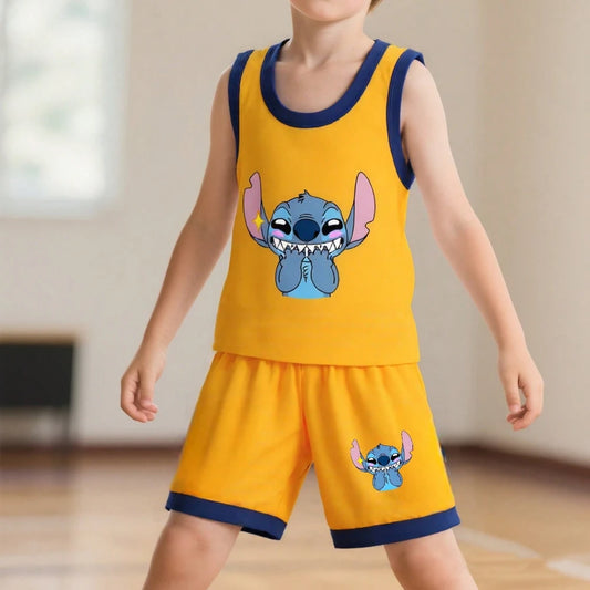 Summer Boys Basketball Clothes Sets Breathable Mesh Children's Casual Outfits Stitch Printed Kids Vest and Shorts 2pcs Suit New