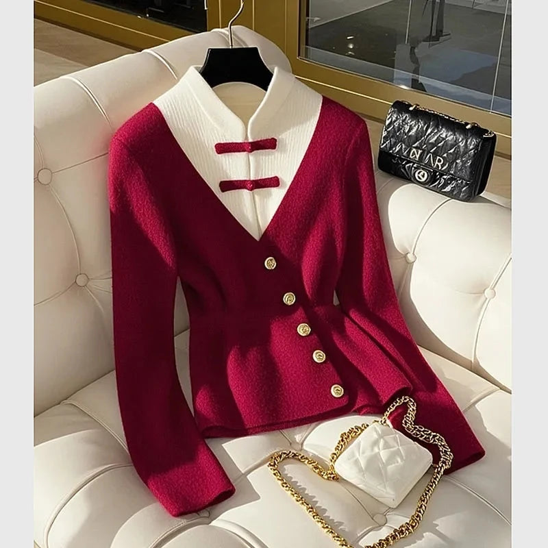 Autumn Winter 2025 Beautiful Temperament Chinese-Style Women Knitting Sweater Fake Two-piece Elegant Cardigan Ladies Sweater