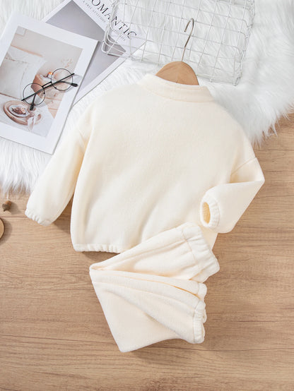 Girls Winter Casual Outfit Solid Color Fleece Thickened Hoodie Pants Clothes Set Half-Zip Children Sweater Sets