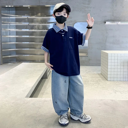 Boys Summer Clothing Set Children Short-Sleeve Polo Shirt Top+ Denim Pants Two-Piece Set 2025 New