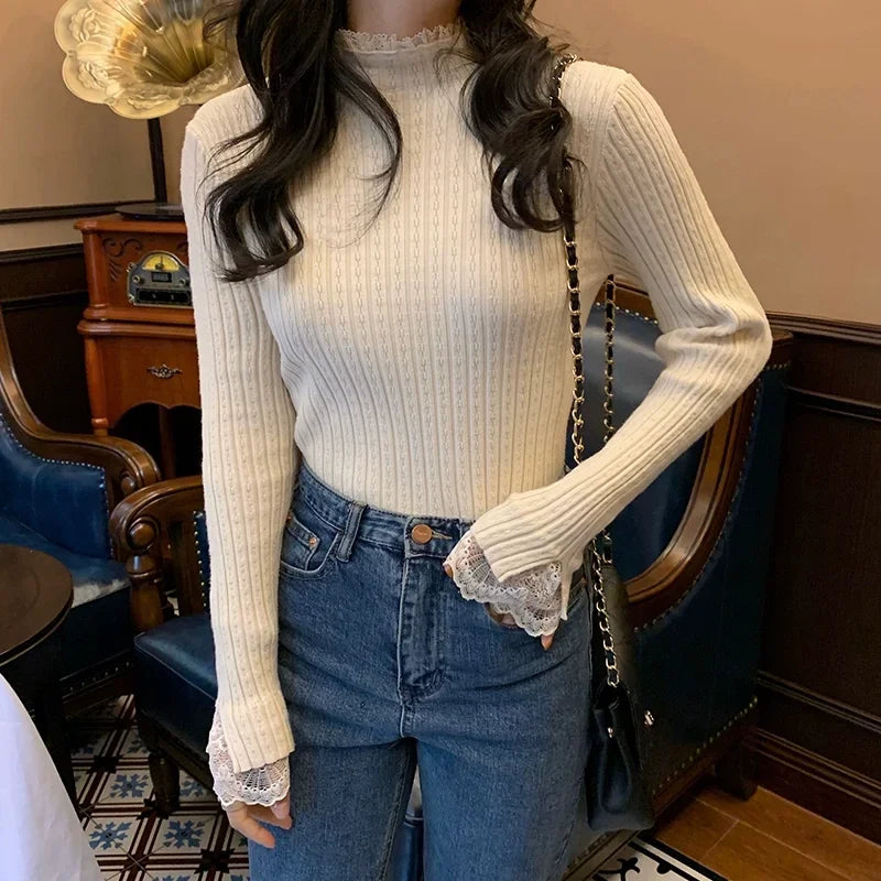 autumn Knitted Turtleneck Long Sleeve Slim Jumper Tops Women Sweater Pullover Lace splicing Ladies Casual Shirts Soft Clothing