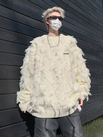 Winter Men's Ripped Fringe Raw Edge Sweater Hip Hop Fashion Knitwear Pullovers Y2K Vintage Streetwear Knitted Jersey Clothes
