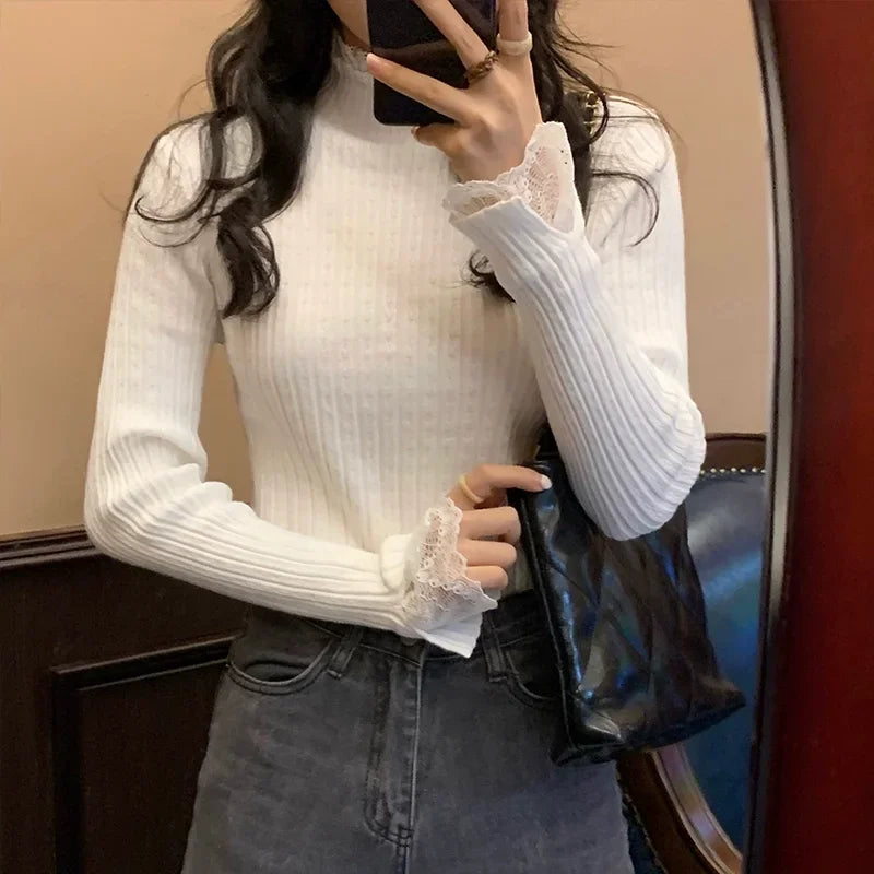 autumn Knitted Turtleneck Long Sleeve Slim Jumper Tops Women Sweater Pullover Lace splicing Ladies Casual Shirts Soft Clothing