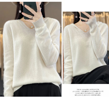 2024 100% Merino Pure Wool V-neck Hoodie Autumn/Winter Hoodie New Cashmere Sweater Women's Casual Knitted Top DMR207