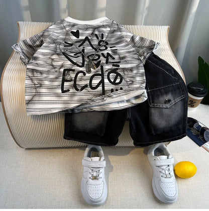 Boys Summer 2025 Boutique Design Outfits Baby Boys Short Sleeve Striped T-Shirt Jeans Shorts 2pcs Korean Clothes for Children