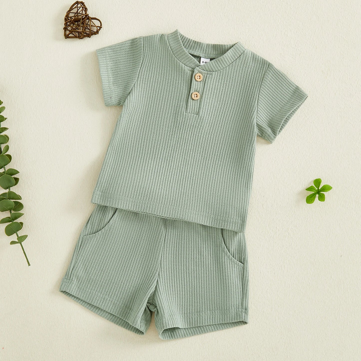 Toddler Baby Boys Summer Clothing Sets Solid Color Short Sleeve O-neck Button Waffle T-shirts Tops with Shorts 2ocs Outfits