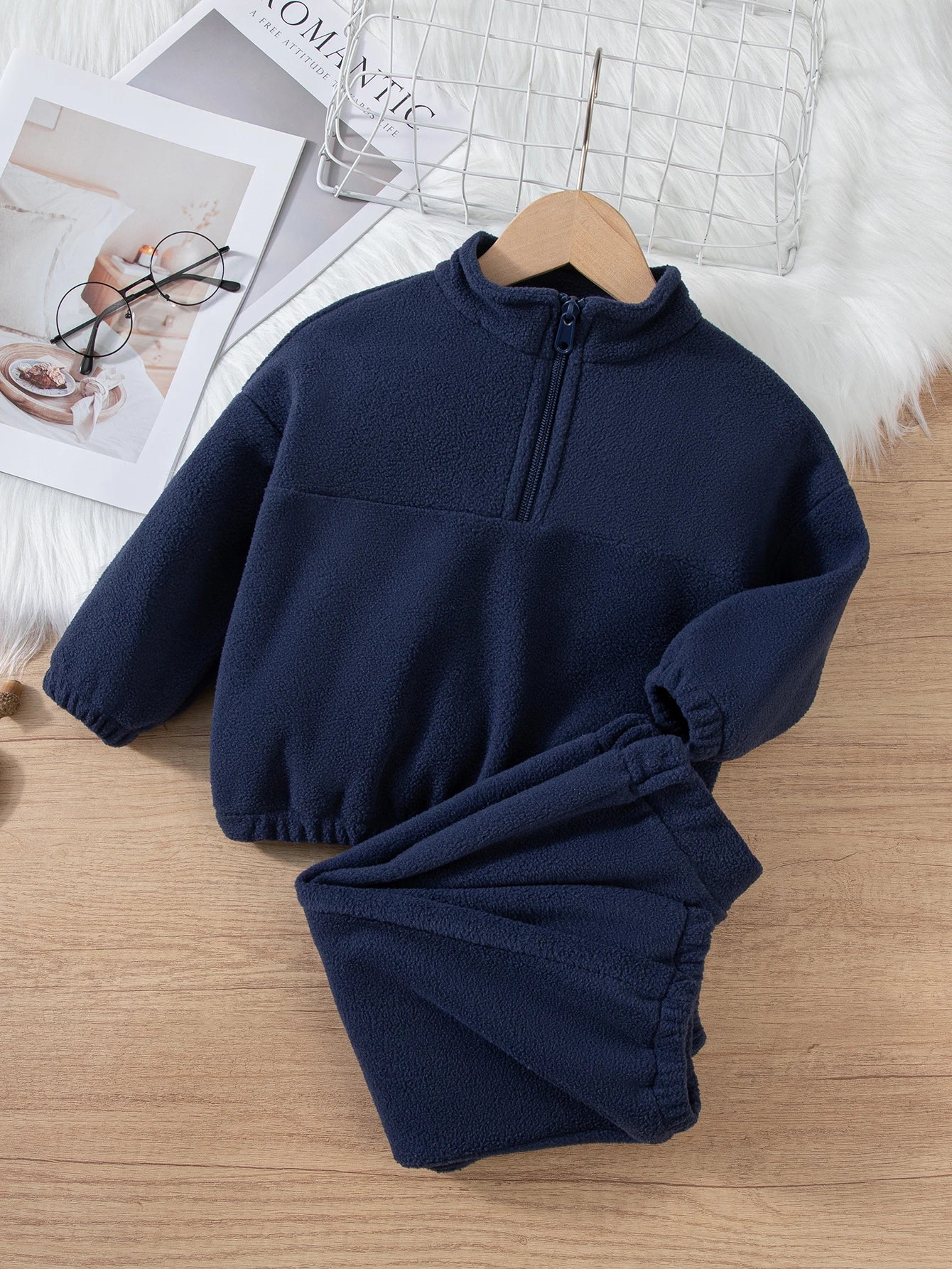 Girls Winter Casual Outfit Solid Color Fleece Thickened Hoodie Pants Clothes Set Half-Zip Children Sweater Sets
