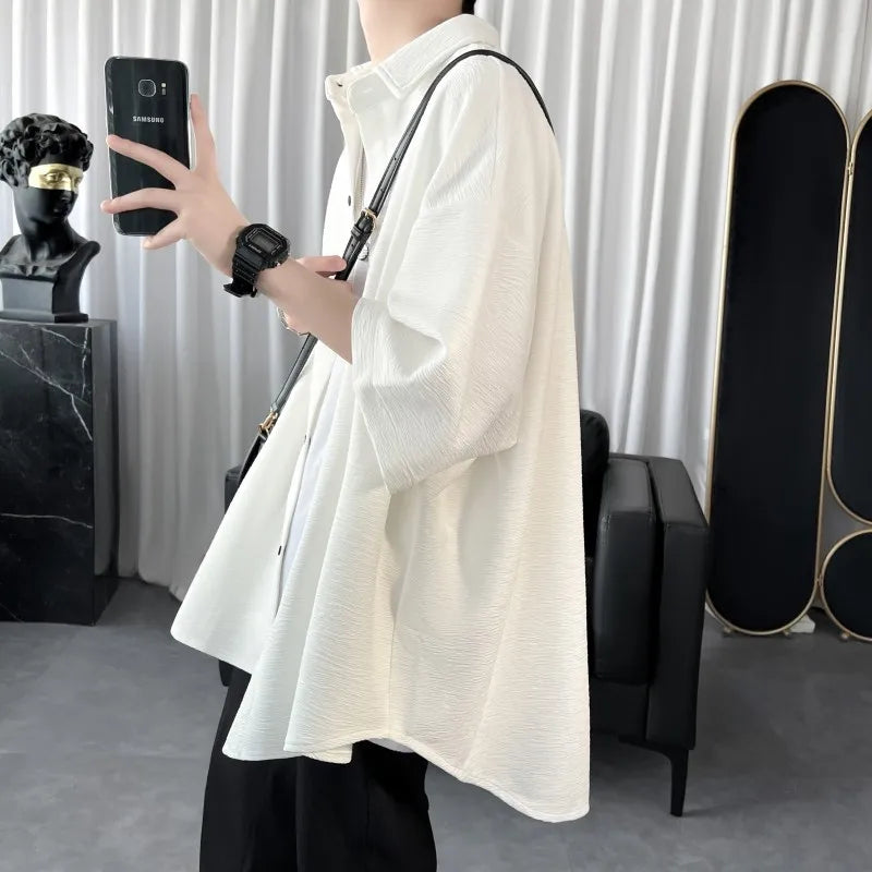 Summer Cool Men Short-sleeved Shirt Solid Color Fashion Plicated Casual Loose Button Shirt Male Clothing Tops